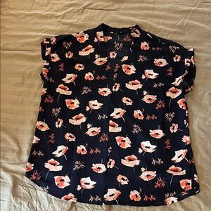 Pleione Navy Blue with Coral Floral Pattern Blouse with Mandarin V-Neck Collar